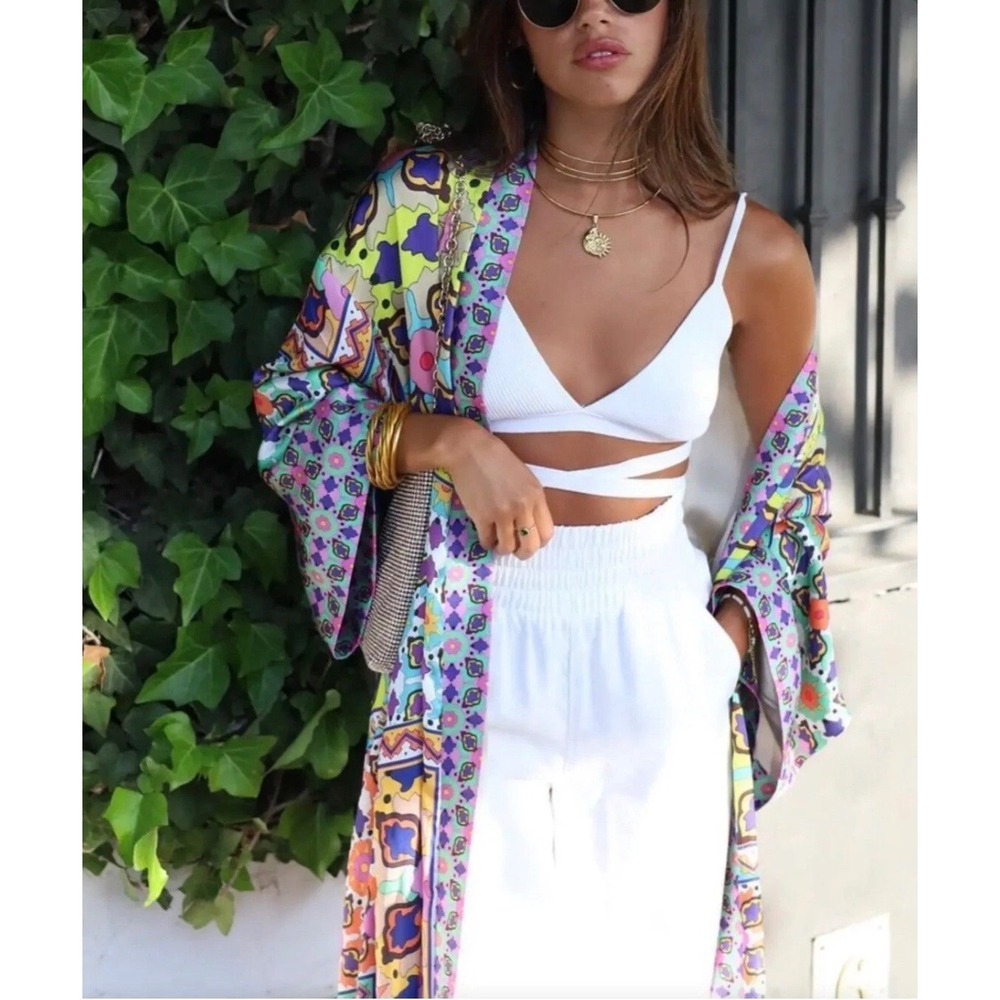 Zara Multicolor Geometric Patchwork Satin Kimono Maxi Robe Belted Size XS